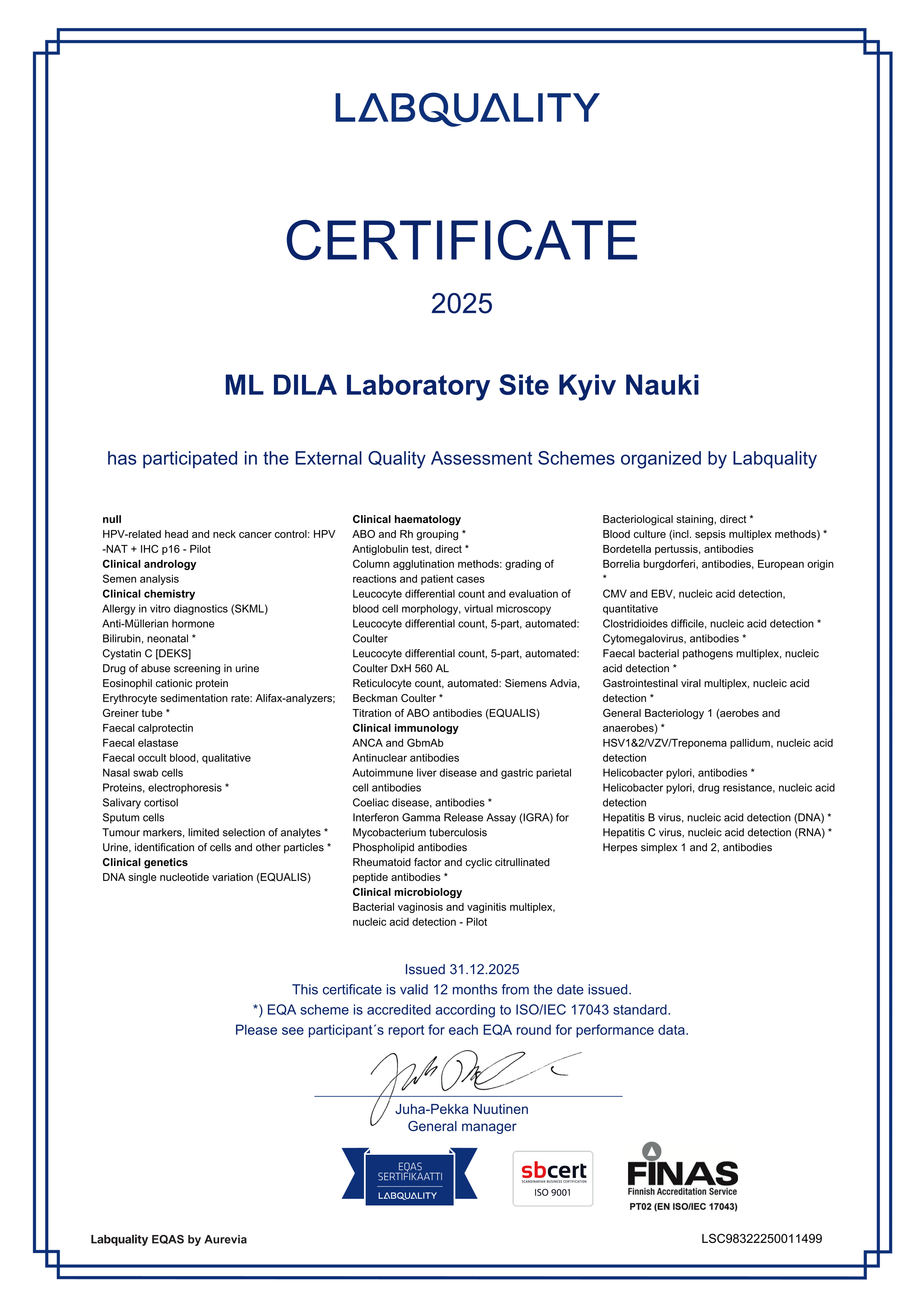 Фото - Сертифікат участі в програмі зовнішньої оцінки якості Labquality_2025