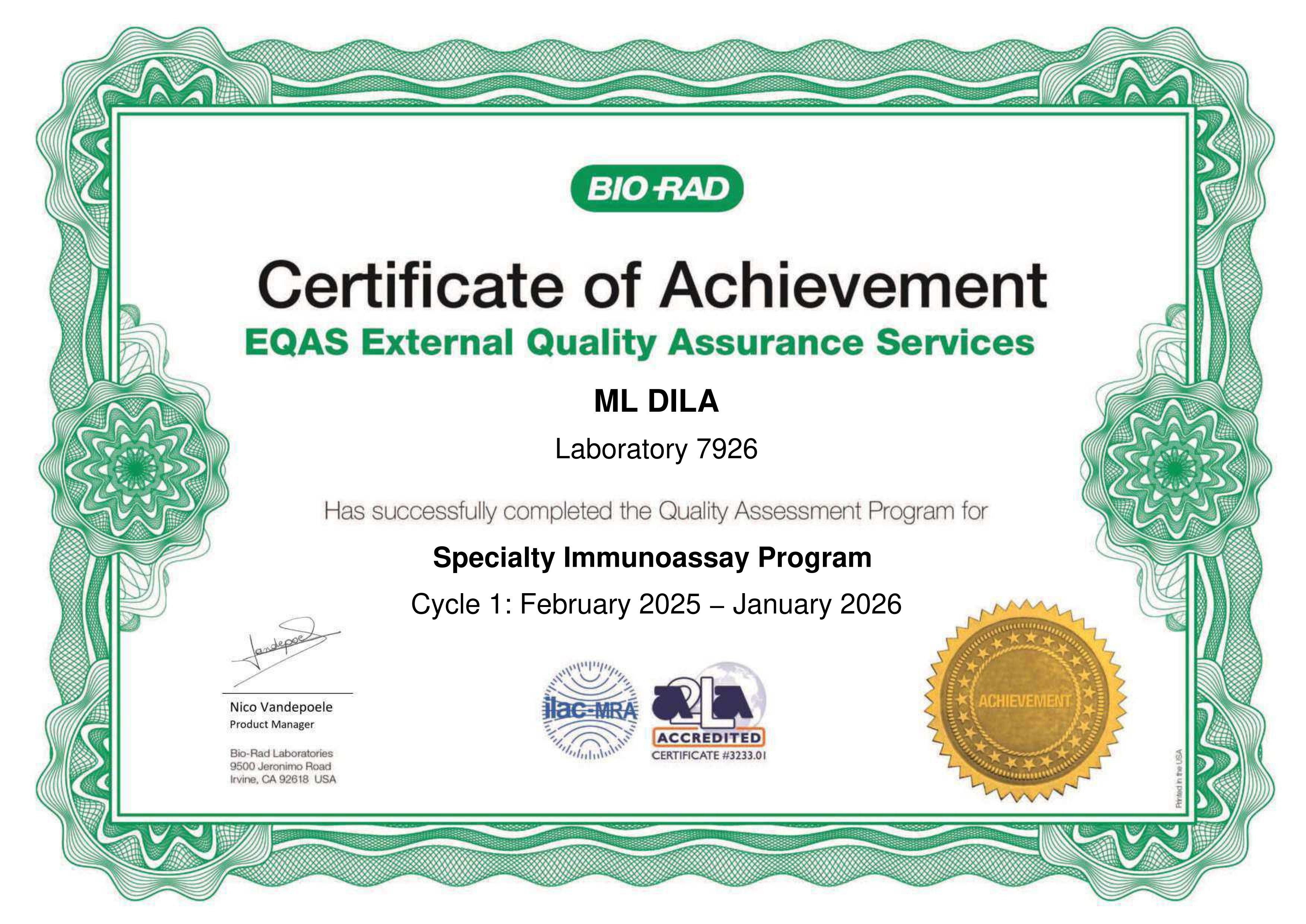 Фото - Сертификат участия в программе внешней оценки качества RIQAS (Спец. иммунохимия I) 2026