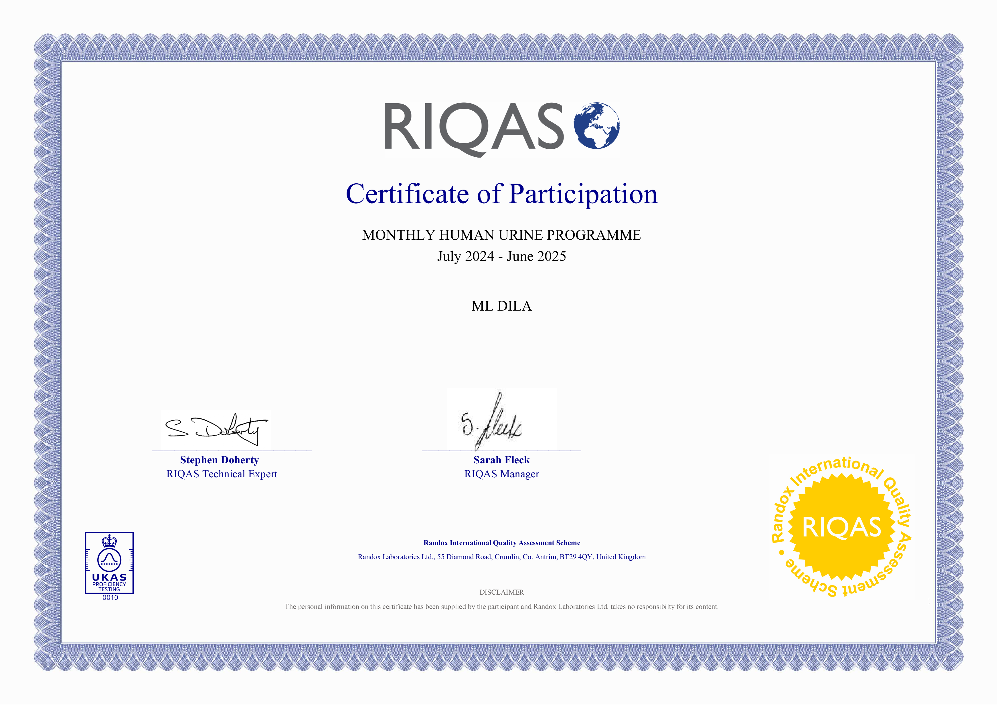Фото - Сертификат участия в программе внешней оценки качества RIQAS (Биохим. мочи) 2025